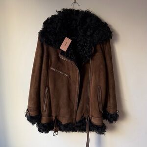 NWT Miu Miu Brown Shearling Jacket with Black Fur size 38